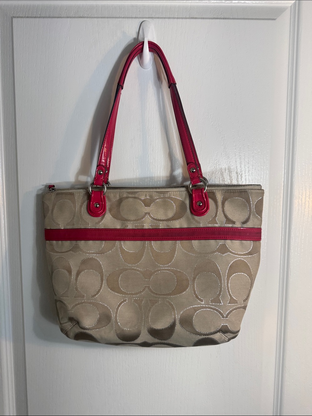 Coach Beige Signature Canvas Tote with Pink Trim and Straps